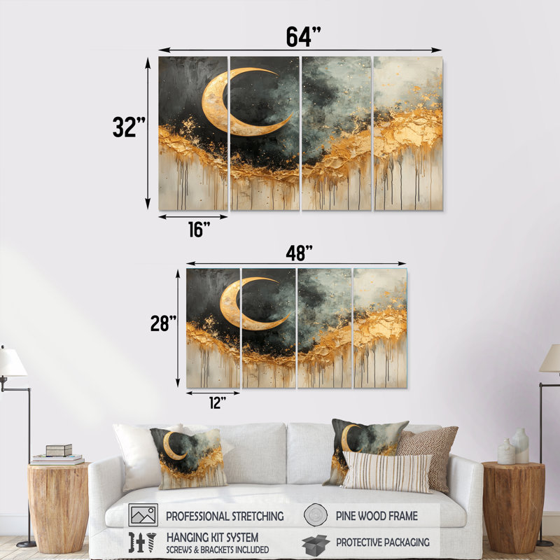 «Golden Eclipse Moon Reverie», art mural astronomique pour le salon, H 28 po x l 48 po