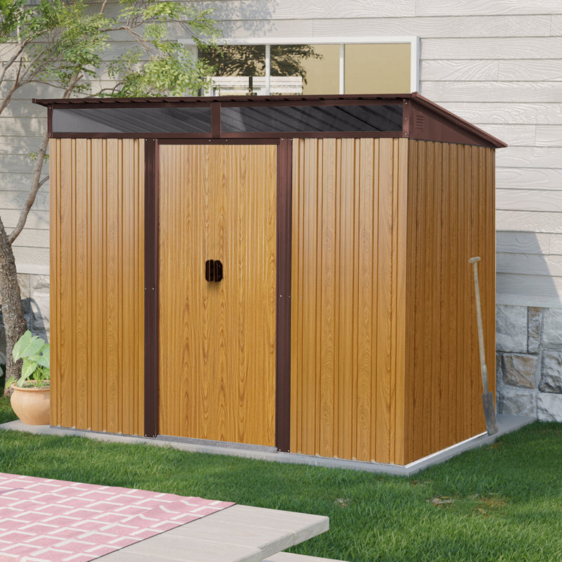 Rangement extérieur en métal 8 pi x 6 pi avec portes coulissantes verrouillables et plaque transparente, Brun