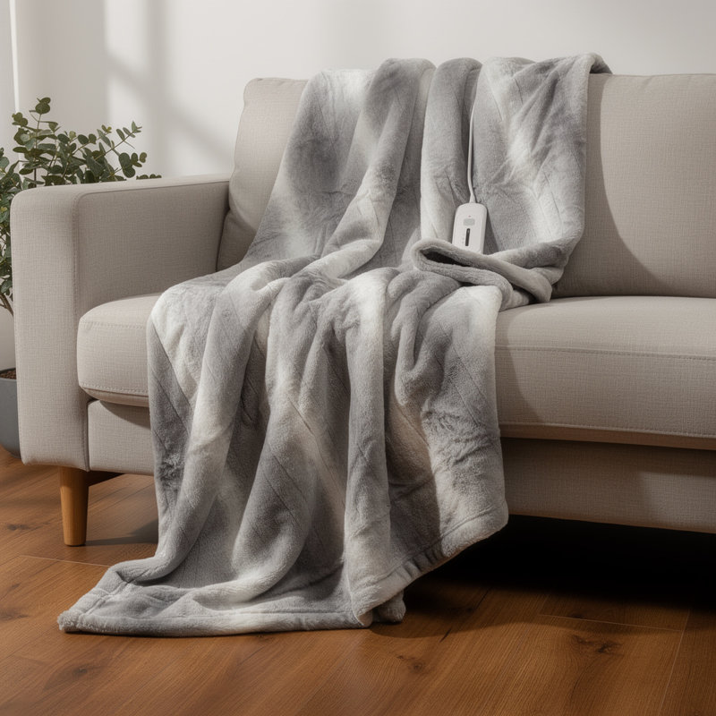 Heated Faux Fur Throw, Brown/White, 50"W x 60"L