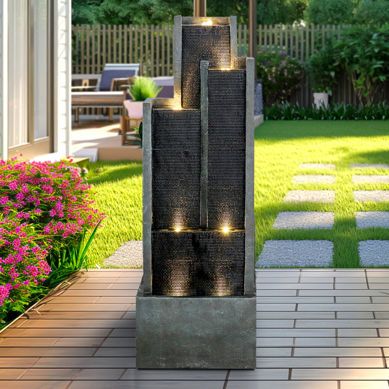 Fountains, 4-Tier 50.7" Indoor/Outdoor Waterfall Fountain with LED Lights for Garden Patio Yard Deck | Slate Gray | Resin