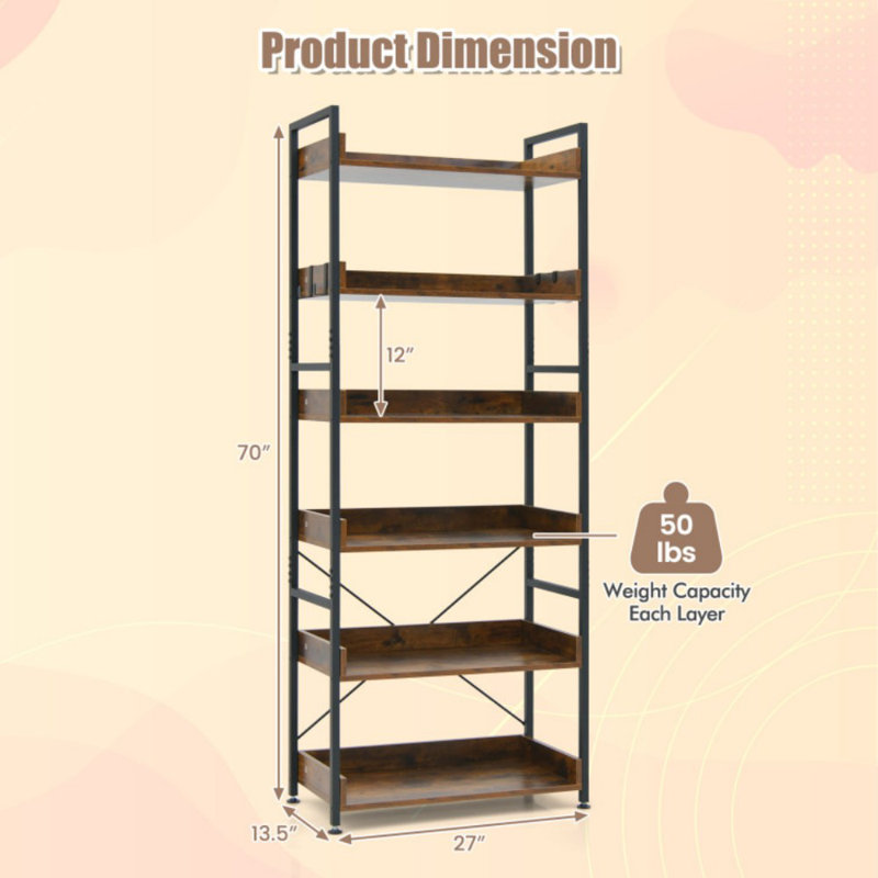 6-Tier Tall Industrial Bookcase With Open Shelves And 4 Hooks