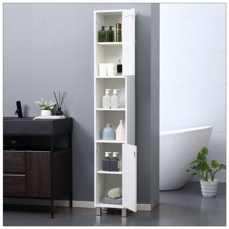 Grande armoire de rangement autoportante en bois avec miroir et tablettes réglables, parfaite pour les salles de bain et les salons modernes