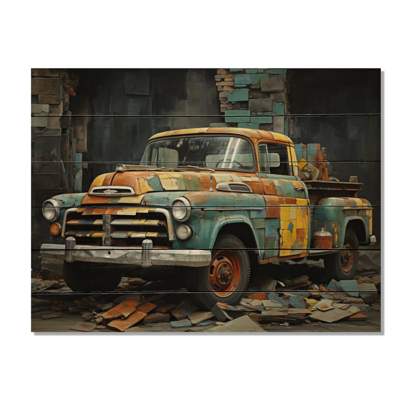 Camionnette Collage Popart sur impression sur bois, H 24 po x l 32 po x P 0,78 po