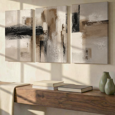 3 Pieces Exculisive Neutral Architectural Abstract Large Wall Art Textured Taupe Impasto Panorama, Canvas Decor for Living Room, Bedroom and Office