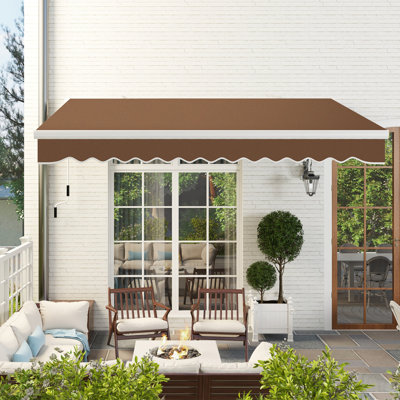 13' X 8' Retractable Awning, Patio Awnings, Sunshade Shelter W/ Manual Crank Handle, UV & Water-Resistant Fabric And Aluminum Frame For Deck, Balcony, Yard, Coffee Brown