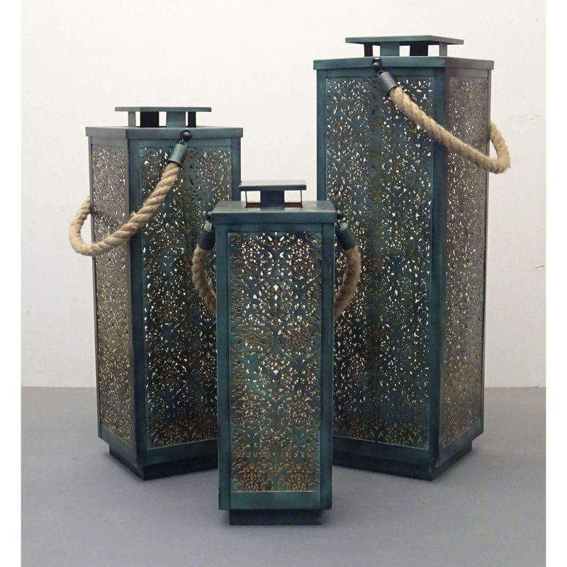 3 Piece Metal Wall Lantern Set, Green