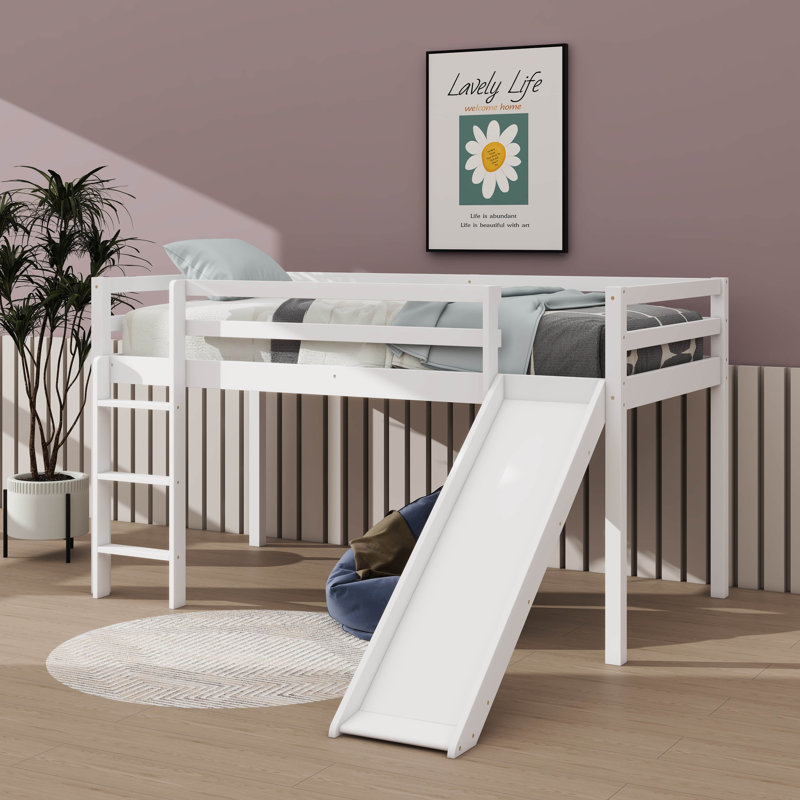 Twin Elevated Bed With Ladder And Slide Loft Design Including Safety Guardrails, White
