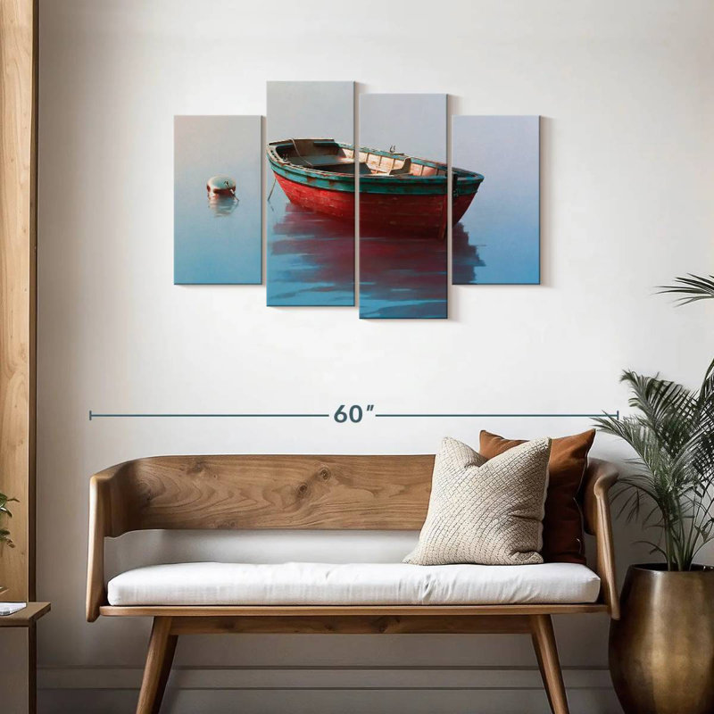 Mehar, chaloupe rouge sur les eaux calmes, H 27 po x l 43 po