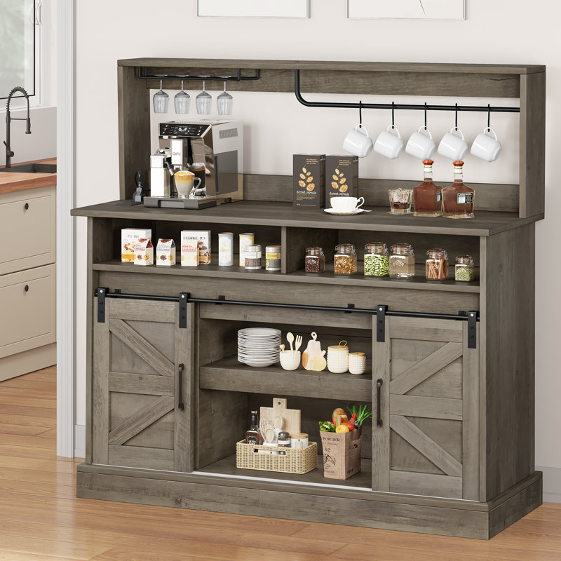 August Grove® Farmhouse Buffet Cabinets With Sliding Barn Door, Coffee Bar With Goblet Holder & Power Outlet Sideboard Buffet Cabinets