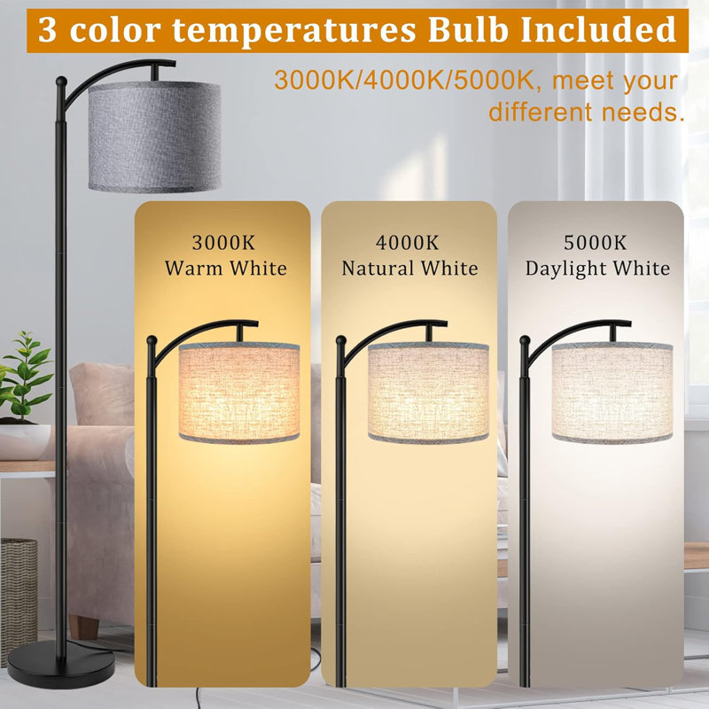 Floor Lamp For Living Room With 3 Color Temperatures LED Bulb, Standing Lamp Tall Industrial Floor Lamp For Bedroom, (9W LED Bulb, Wood Grain Pattern Lampshade Included) -Oil-Rubbed Bronze