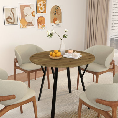 Table de salle à manger ronde 35,43 pouces, petite table de cuisine circulaire avec pieds en métal noir pour 2 à 4 personnes, table de salle à manger moderne, brun (table seulement)