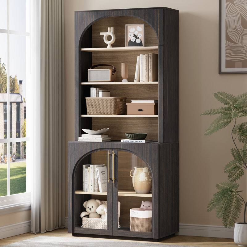 Bibliothèque de rangement moderne avec tablettes réglables de 72 po de hauteur et arquée avec portes en verre, Noir noyer