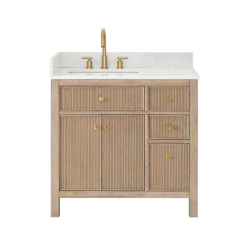 Lala 36" Single Bathroom Vanity with Grain White Engineered Stone Countertop without Mirror, Natural Oak