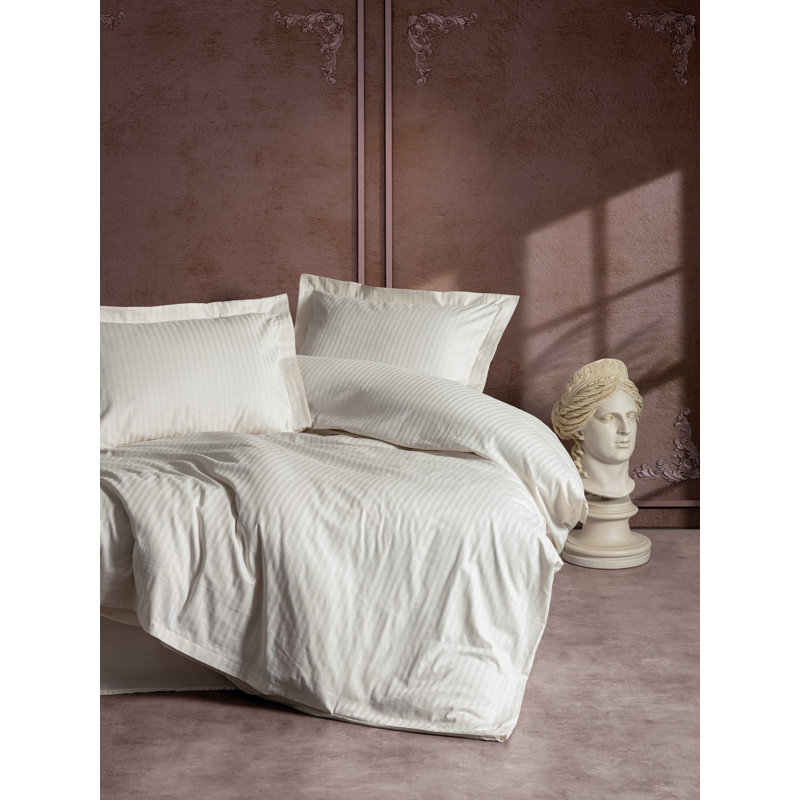 Luxurious Ecru Satin Quilt Cover Set, 79 x 79 inches | 100% Cotton Satin, 211 Thread Count | Includes 2 Pillowcases with Envelope Closure & Button Duvet Cover | Machine Washable, Elegant Reactive Printing