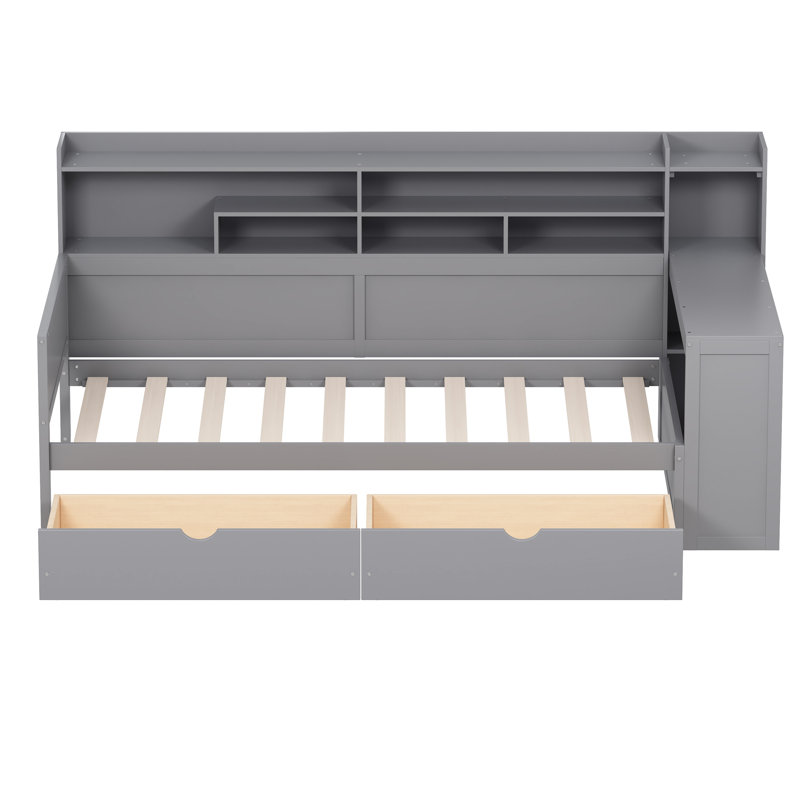 Lit de jour simple gris en bois avec plusieurs rangements, deux tiroirs et un bureau d'étude fonctionnel pour la productivité de la chambre à coucher