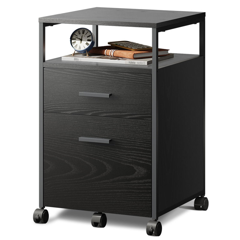  2-Drawer Rolling File Cabinet With Open Storage Shelf, Black Metal & Wood Design, Full-Extension Drawer For A4/Letter Files, 15.7"D X 16.2"W X 25.6"H, Ideal For Home & Office