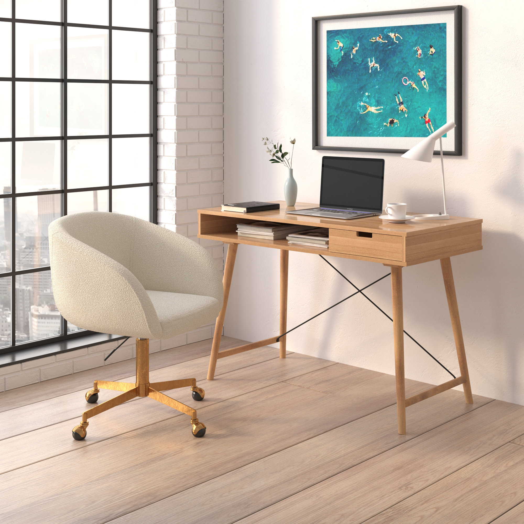Darius Swivel Office Chair, White Boucle, Gold