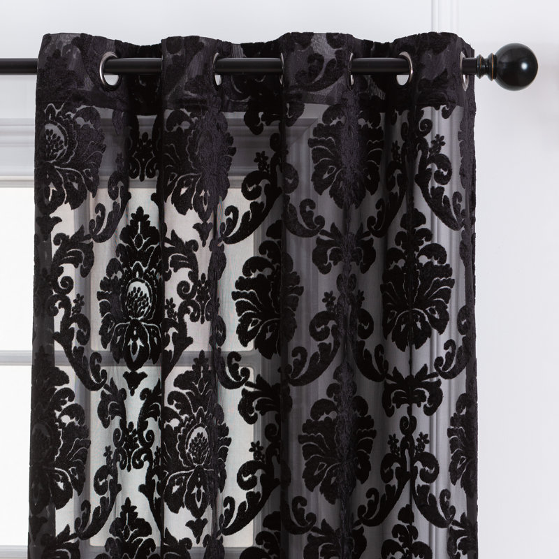 Branca Polyester Damask Semi Sheer Grommet Curtain Panel Set, Black, 52" W x 63" L