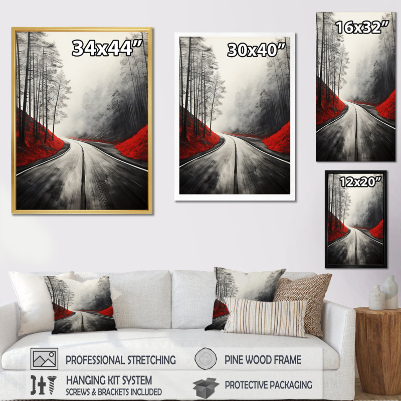 «Gray Road Endless Journey Through Red», reproduction sur toile, H 20 po x l 12 po, Cadre flottant noir