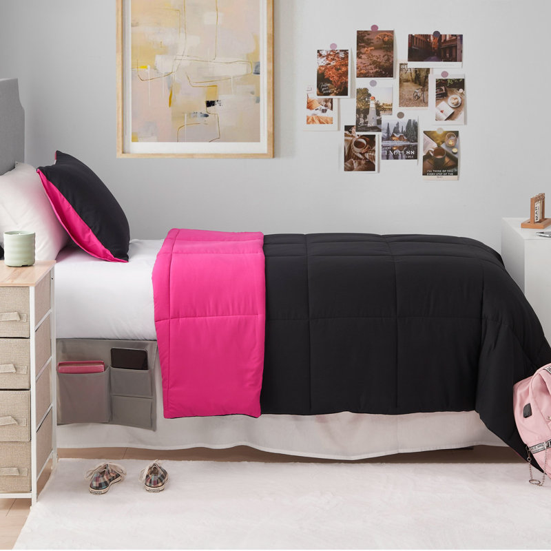The Sheet Lab Box Stitch Reversible Comforter Sets, King Comforter + 2 King Shams, Black/Hot Pink