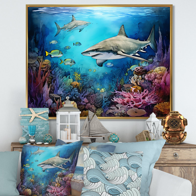 " Shark Haven Under Water Painting I ", 12" H x 20" W x 1" D, Gold Floater Framed