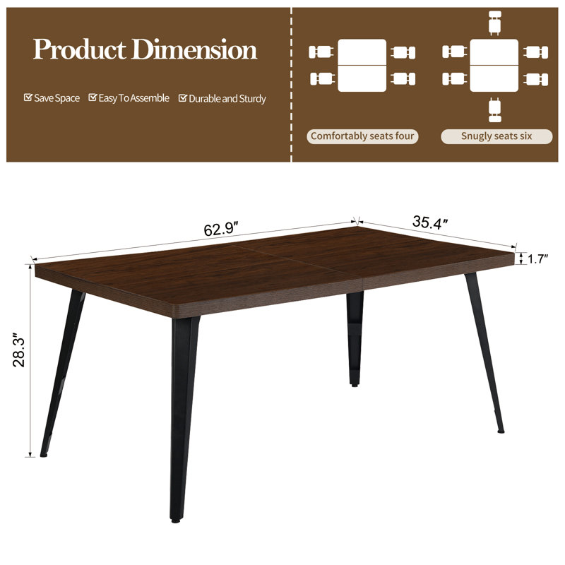 Table de salle à manger moderne pour 6 personnes avec pieds plats en fer Albury Howington, Brun