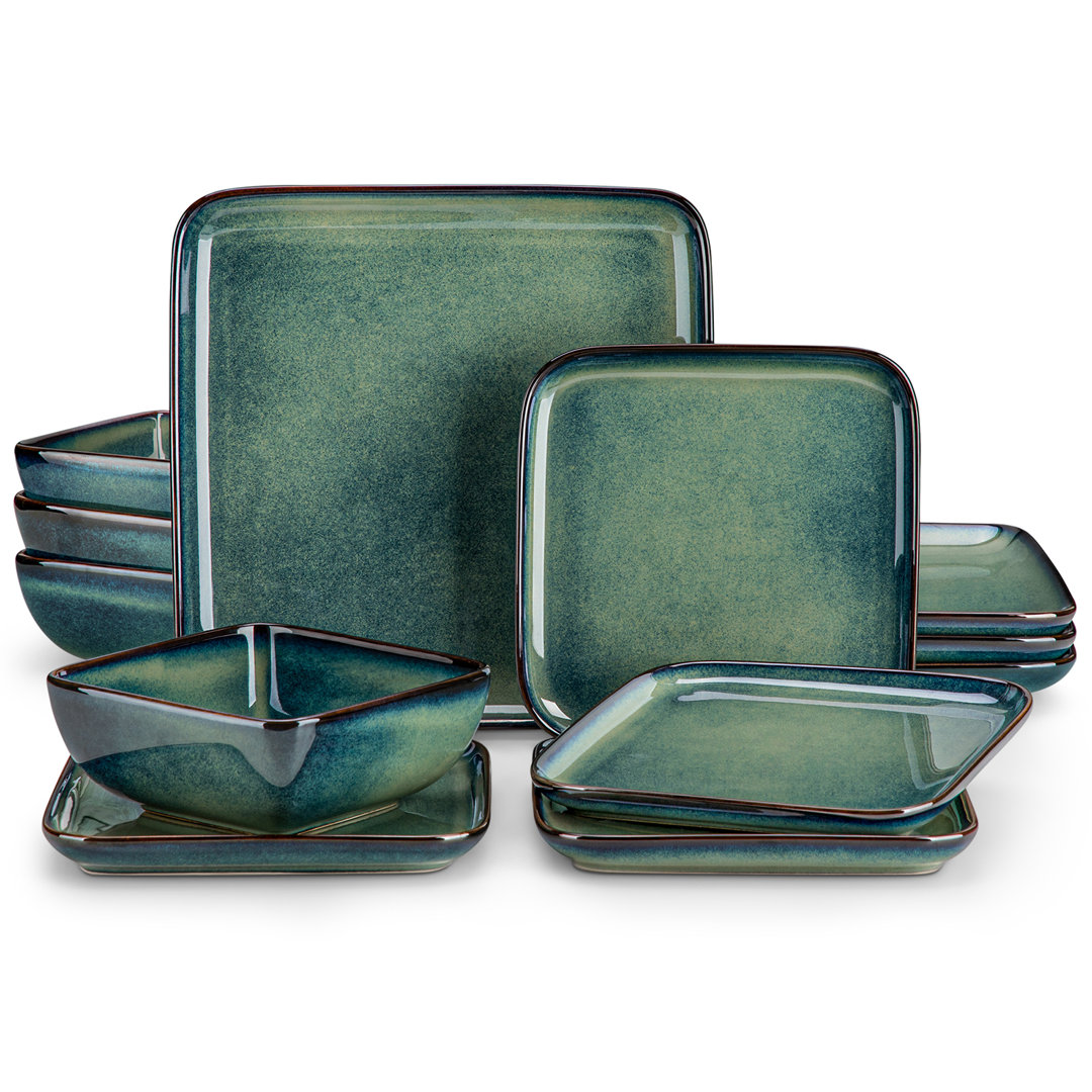 12 Piece Stoneware Dinnerware, Ceramic Tableware Set Including Dinner Plates, Desserts Plate And Bowls, Service For  4 People, Square Plate And Bowl