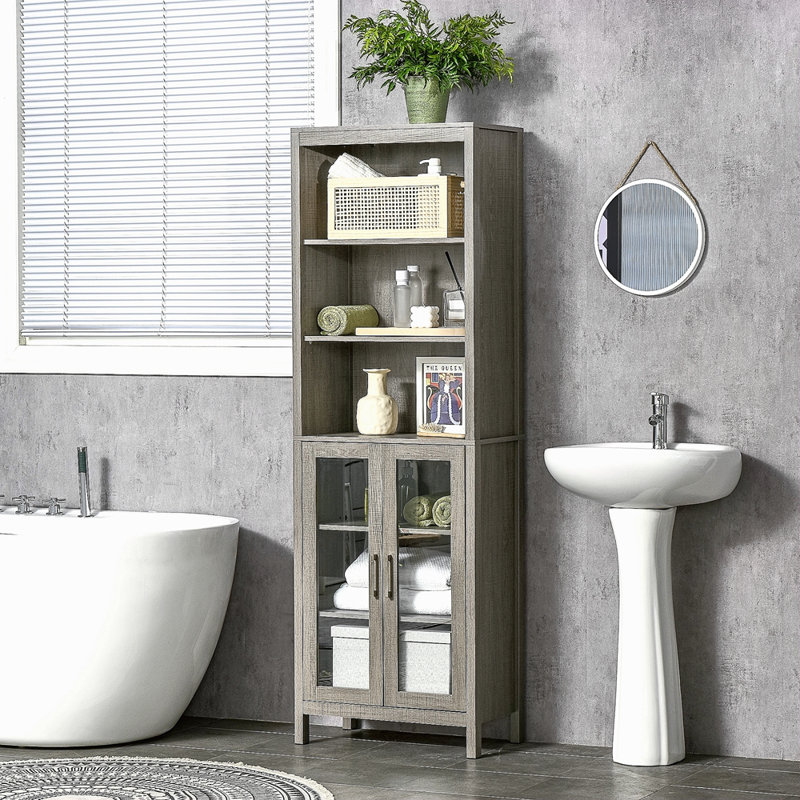 Armoire de rangement pour salle de bain avec tablettes réglables à 3 niveaux, armoire à porte en verre, tour à linge autoportante
