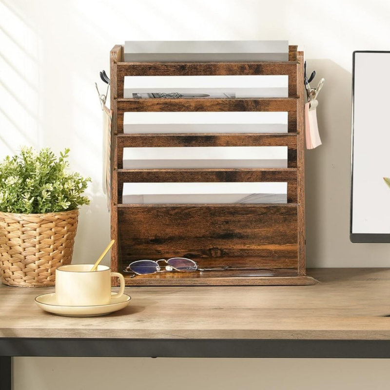 6-Tier Vertical Mount Hanging Holder with 2 Side Hooks, Modern Wooden Magazine Storage Holder, Brown