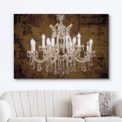 Lustre en cristal brun brun et blanc qui illumine un art mural contemporain et relaxant
