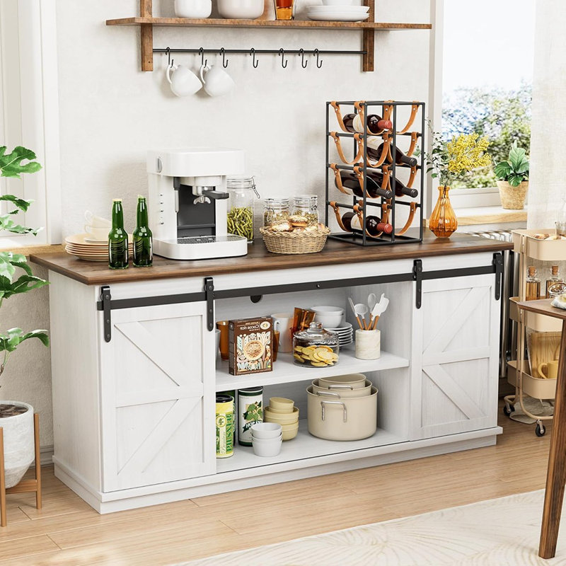 Buffet Farmhouse avec portes de grange coulissantes et tablette, blanc