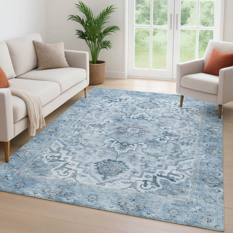 Premium Machine Washable Mayfield AMF2164 global Rug, Sky, Rectangle 9' x 12'