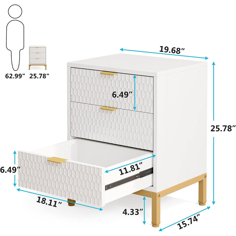 Becnel 19.7'' W Nightstand, White/Gold
