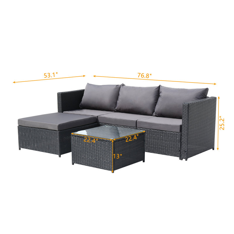 Bayshore Rattan 3- Person Seating Group with Cushions, Grey, Dark Grey