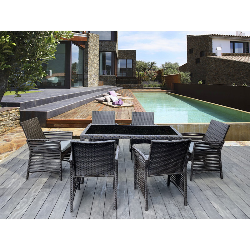 6 - Person Wicker Patio Dining Set with Rectangular Table , Cushions Included, Brown