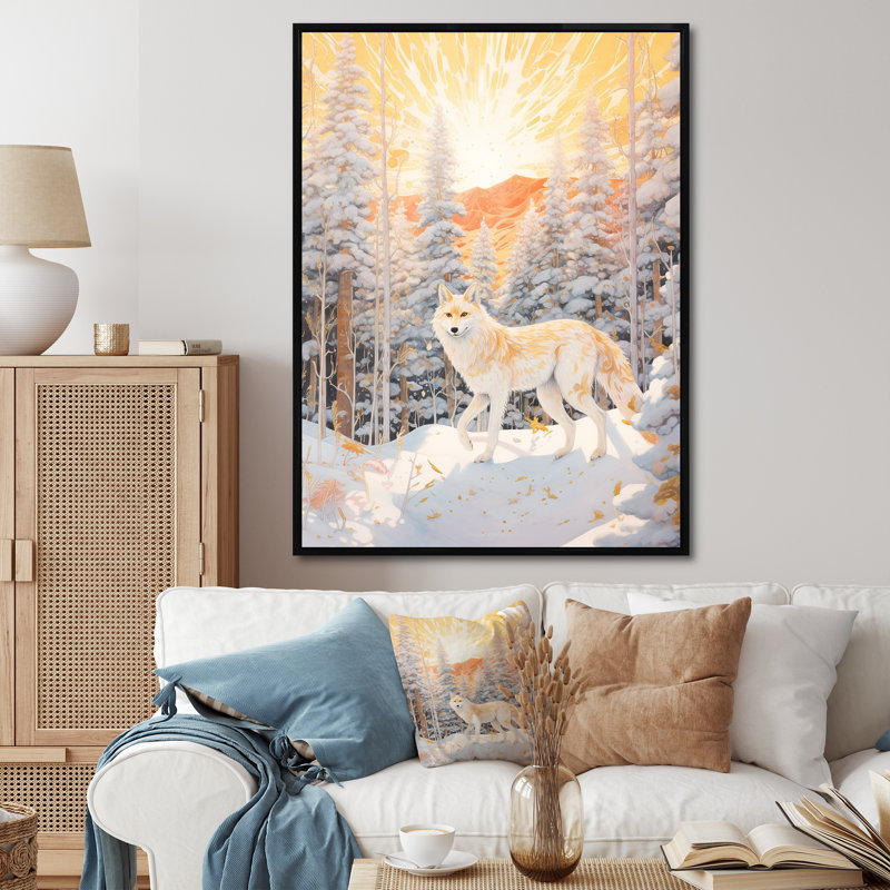 Loup sauvage blanc dans la forêt d'hiver sur toile, Cadre flottant noir, H 40 po x l 30 po x P 1,5 po