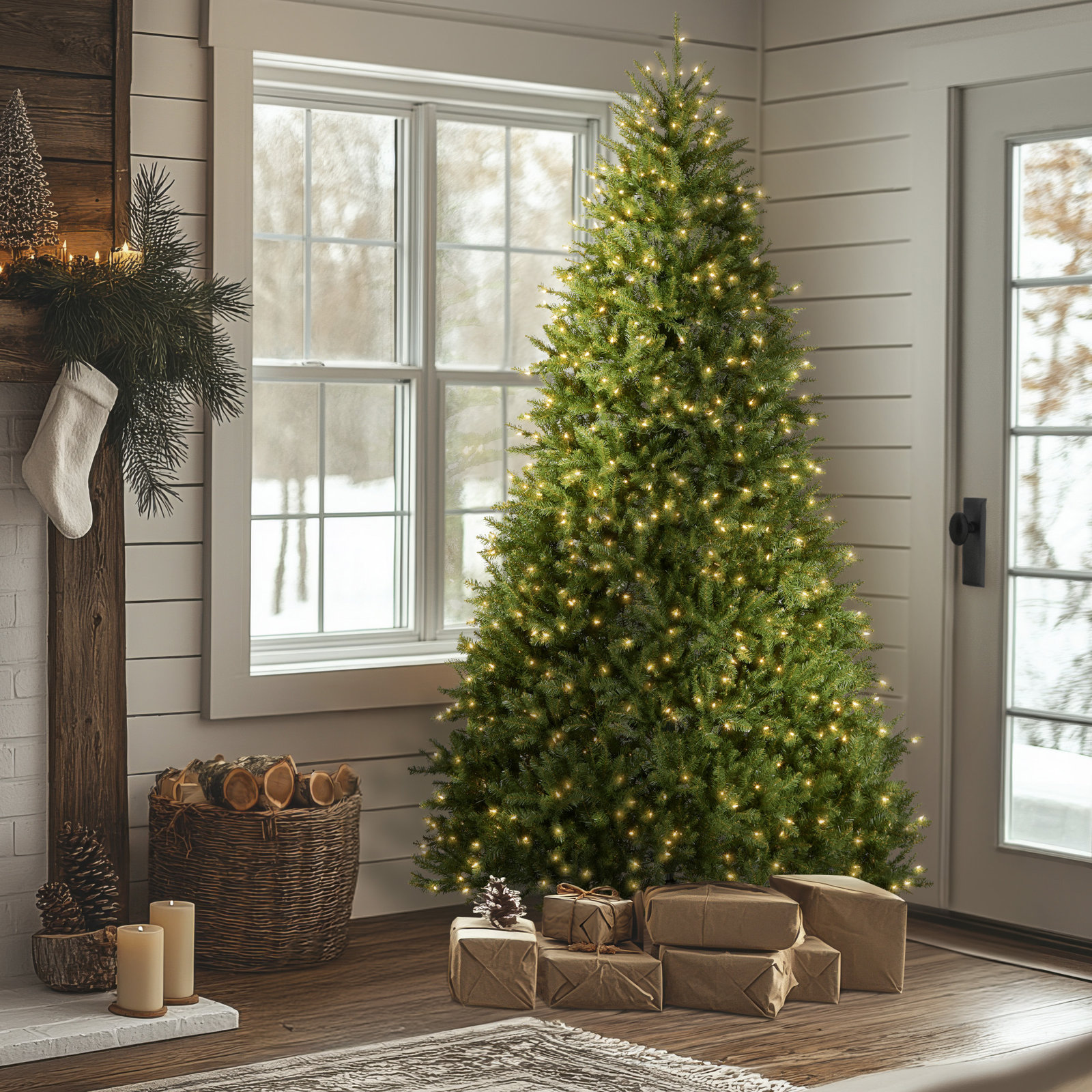 Dunhill Fir Flocked 9' Pre-Lit Fir Christmas Tree, 9', Clear/White Lights