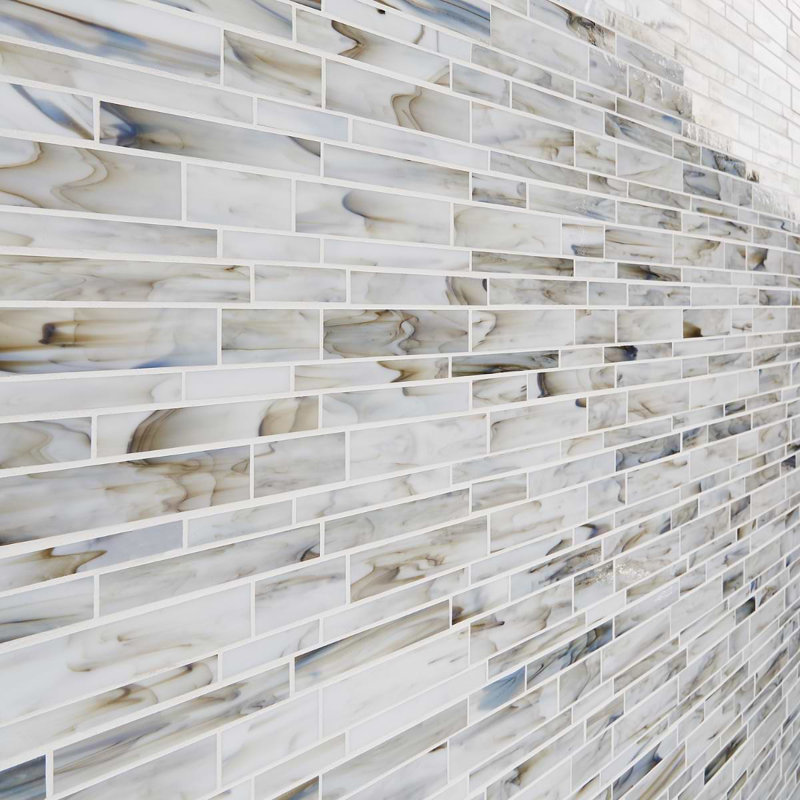 Matchstix 11x11 Brick Polished Glass Mosaic Tile, Aura White