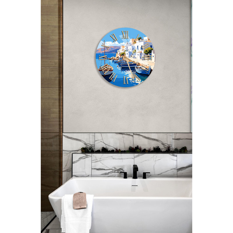 Horloge murale en verre trempé Coastal Town, bateau, décoration de plage bleue, horloge moderne, décoration murale, 20 pouces