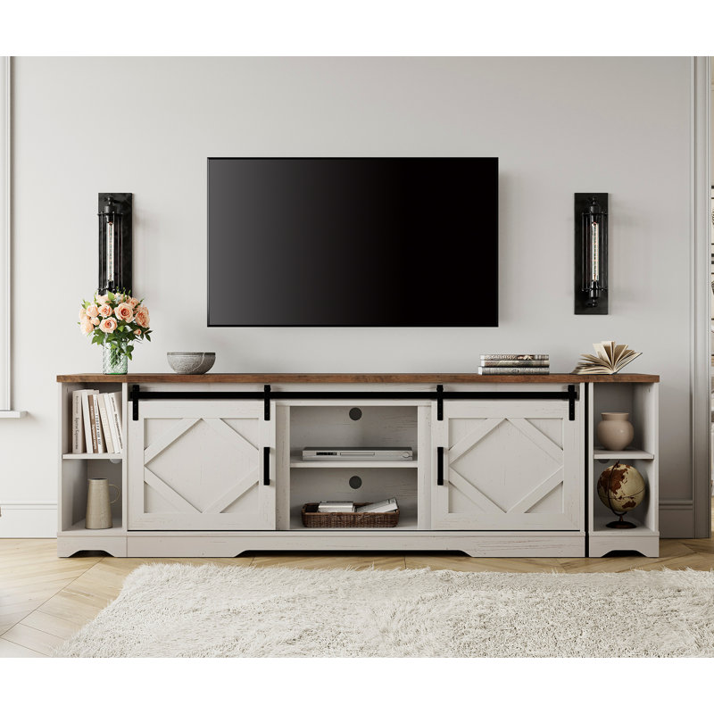Farmhouse TV Stand With Sliding Barn Door For Tvs, Entertainment Center With Adjustable Shelf And Storage Cabinets, Media Console Table For Living Room,Hallway,Cream White