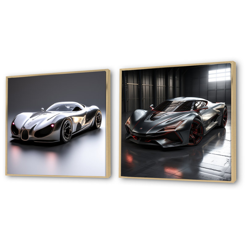 «Silver Car», ensemble de 2 reproductions d'art mural exotiques, H 36 po x l 73 po x P 1,5 po, Encadrement brun
