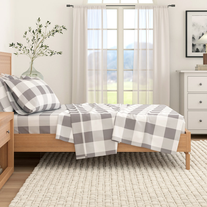 100% Turkish Cotton Flannel Solid & Plaid Sheet Sets, California King with 2 Pillowcases, Buffalo Check - Gray