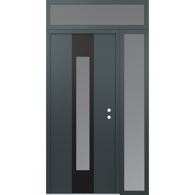 Porte d'entrée pré-suspendue en acier noir avec panneau latéral droit et traverse gauche, L 53,25 po x H 95,69 po