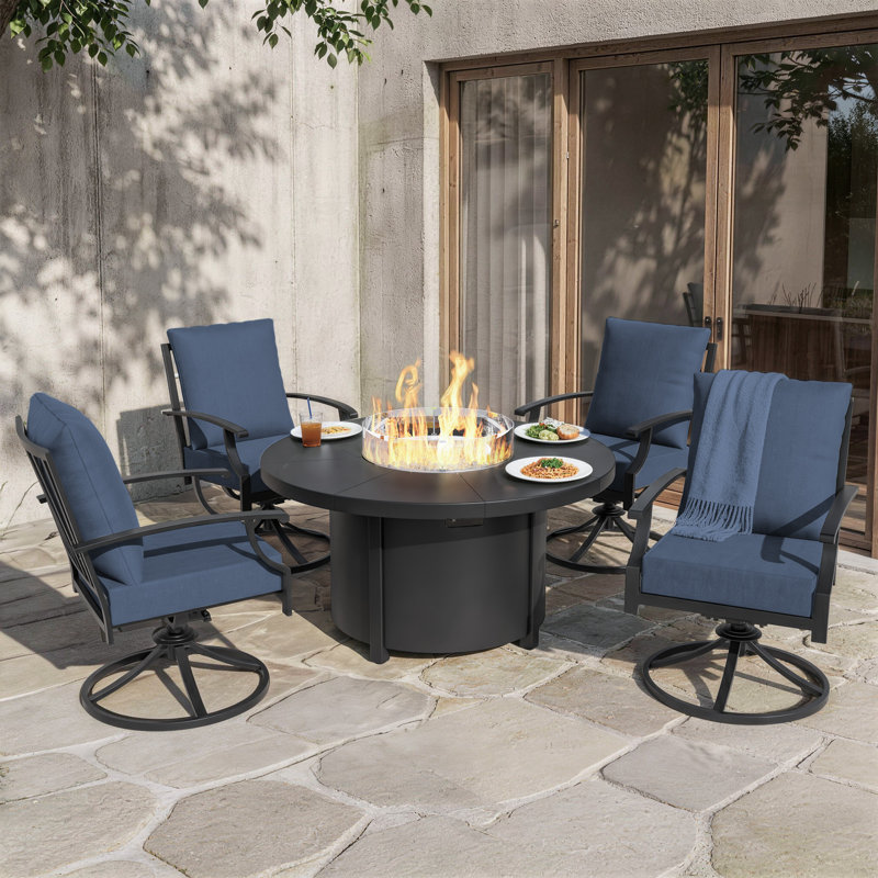 5-Piece Outdoor Round Fire Pit Table Set with 48" Aluminum Gas Fire Table (40,000 BTU) and 4 Swivel Glider Iron Chairs with High Backs
