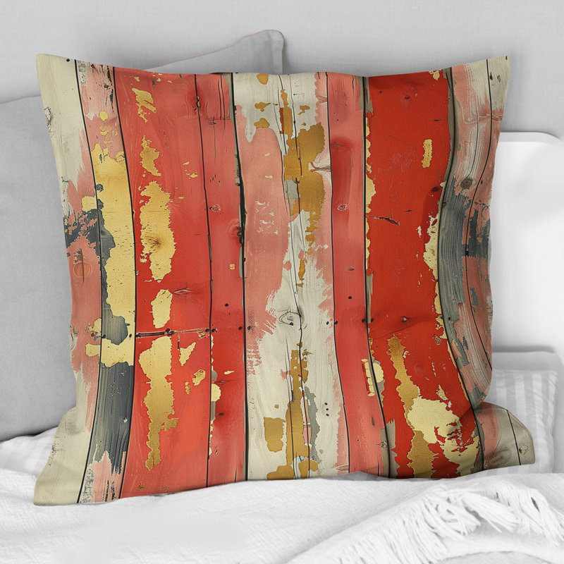 Motif de grange en bois rouge et or I - oreiller champêtre, H 18 po x l 18 po, Carrée