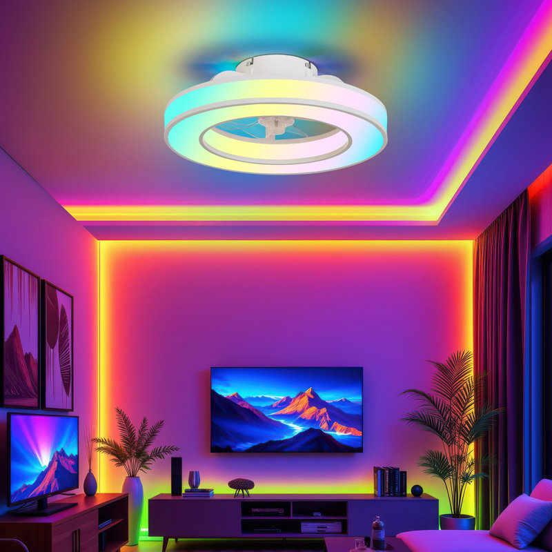 Ventilateur de plafond RVB avec lumières, ventilateur de profil bas 16,5 po Fandelier, intensité variable 3000K-6000K et plafonnier encastré moderne à DEL avec télécommande pour chambre à coucher