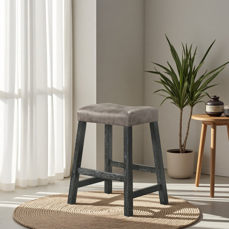 Set Of 2 Rustic Counter Stools, 25-Inch Backless Wooden Farmhouse Barstools With Faux Leather Seat, Distressed Finish, Space-Saving Design