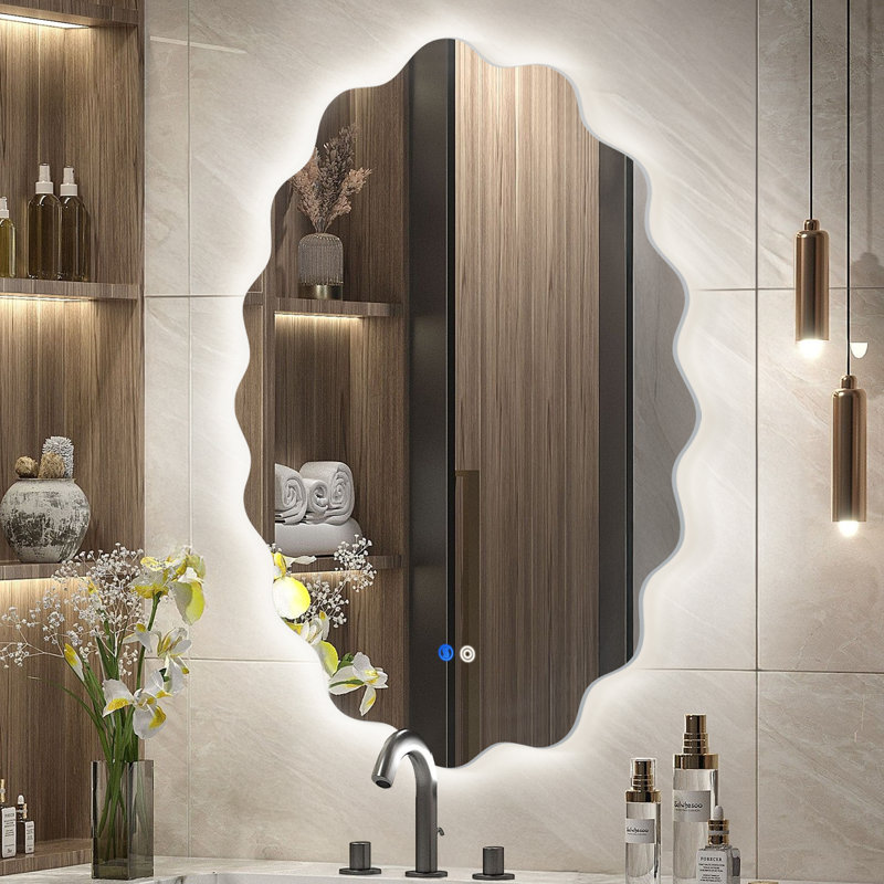Modern Oval Wavy Led Mirror, Frameless Backlit Wall Mirror For Bathroom Vanity, Dimmable Lighted Mirror With Touch Switch