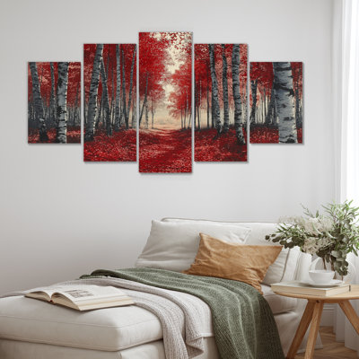 «Red Birch Trees Forest Path Panorama II», ensemble d'art sur toile