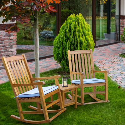 Ensemble de patio 3 pièces en bois de teck avec 2 chaises berçantes et table d'appoint Oceanside